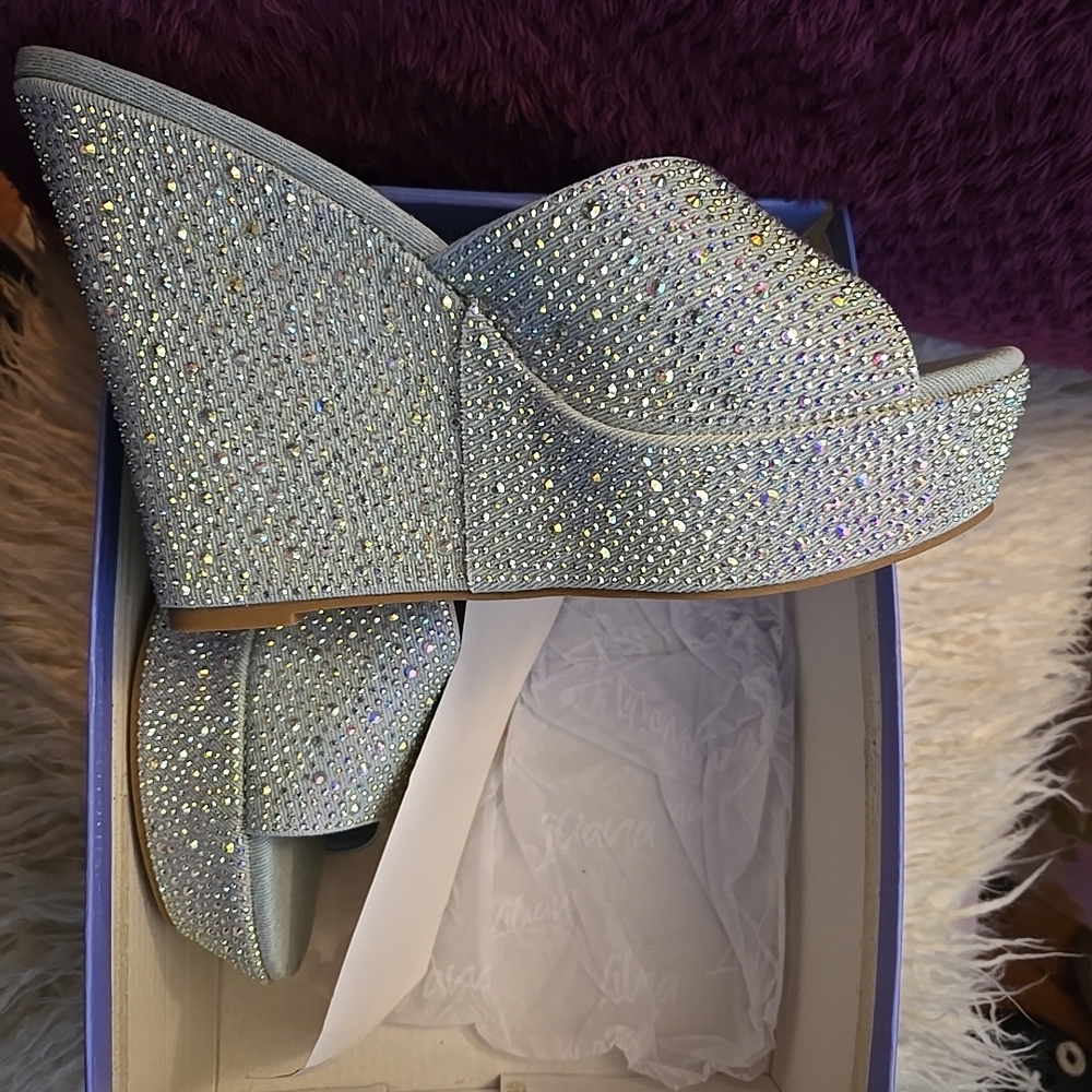 AKIRA Sparkling Light Blue Denim Wedge Heels